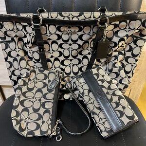 Coach Black and Tan Signature Tote and Wallet Set